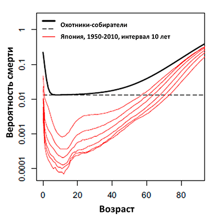 Ежегодная вероятность смерти среди охотников-собирателей по сравнению с жителями Японии