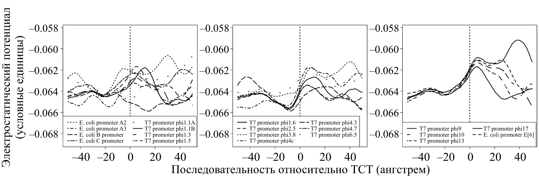 Профили электростатического потенциала для промоторов Т7