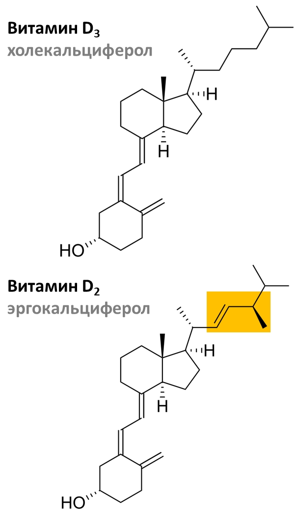 Структурные формулы витаминов D3 и D2