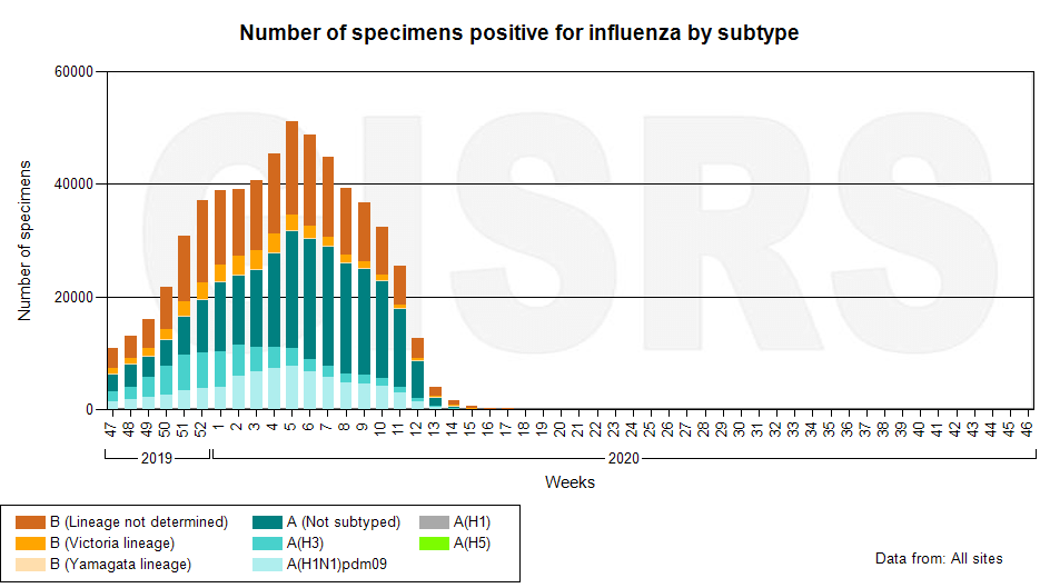 Число положительных проб на вирус гриппа