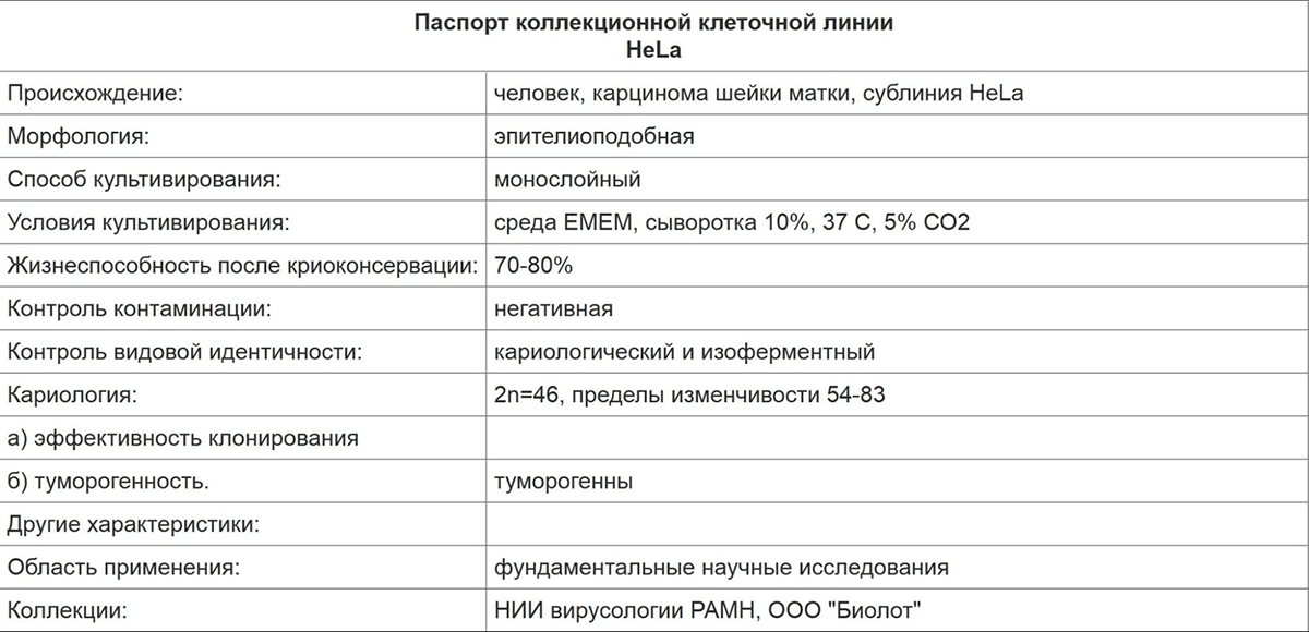 Паспорт клеточной линии карциномы шейки матки человека HeLa