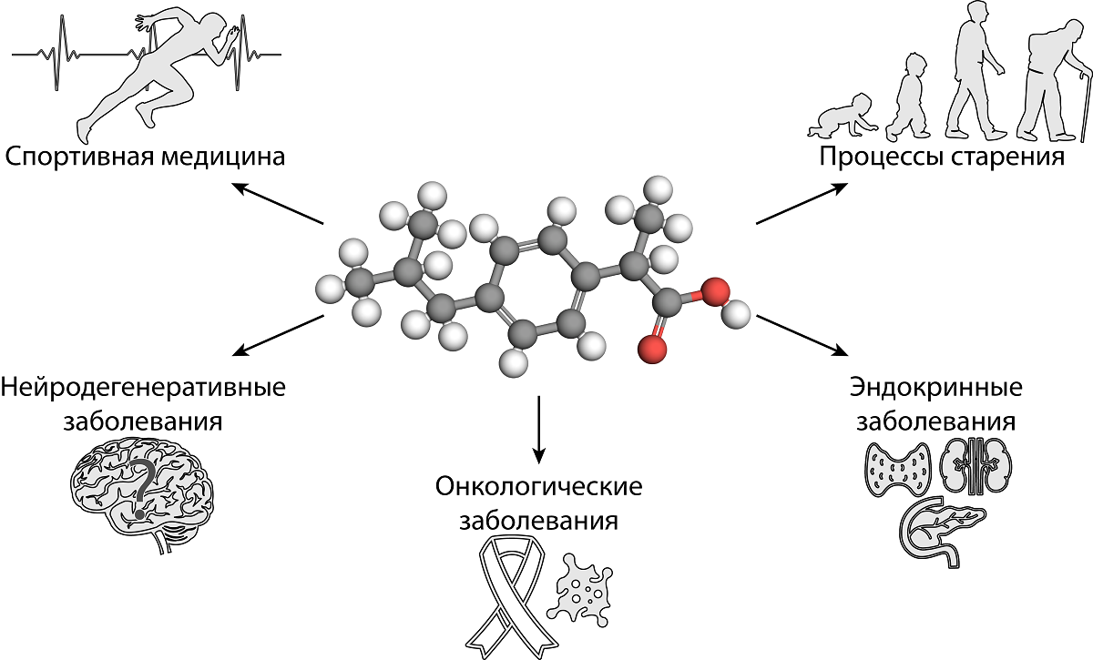 Схематичное представление новых возможных сфер применения ибупрофена