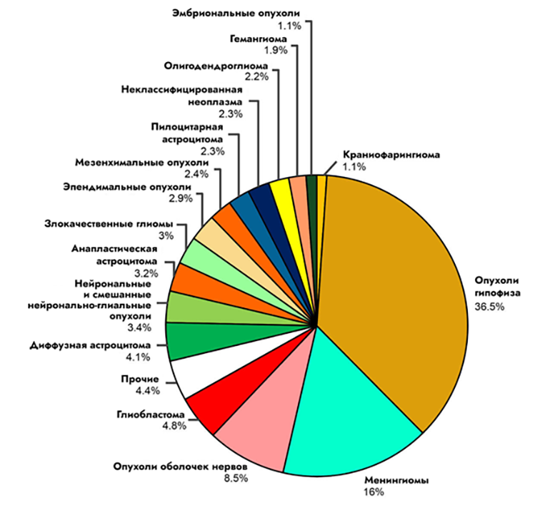 Диаграмма, иллюстрирующая распространенность разного вида опухолей мозга