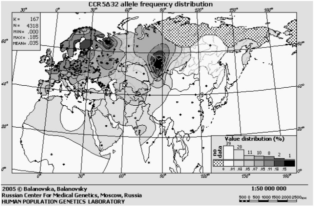 Карта частот дефектного гена CCR5