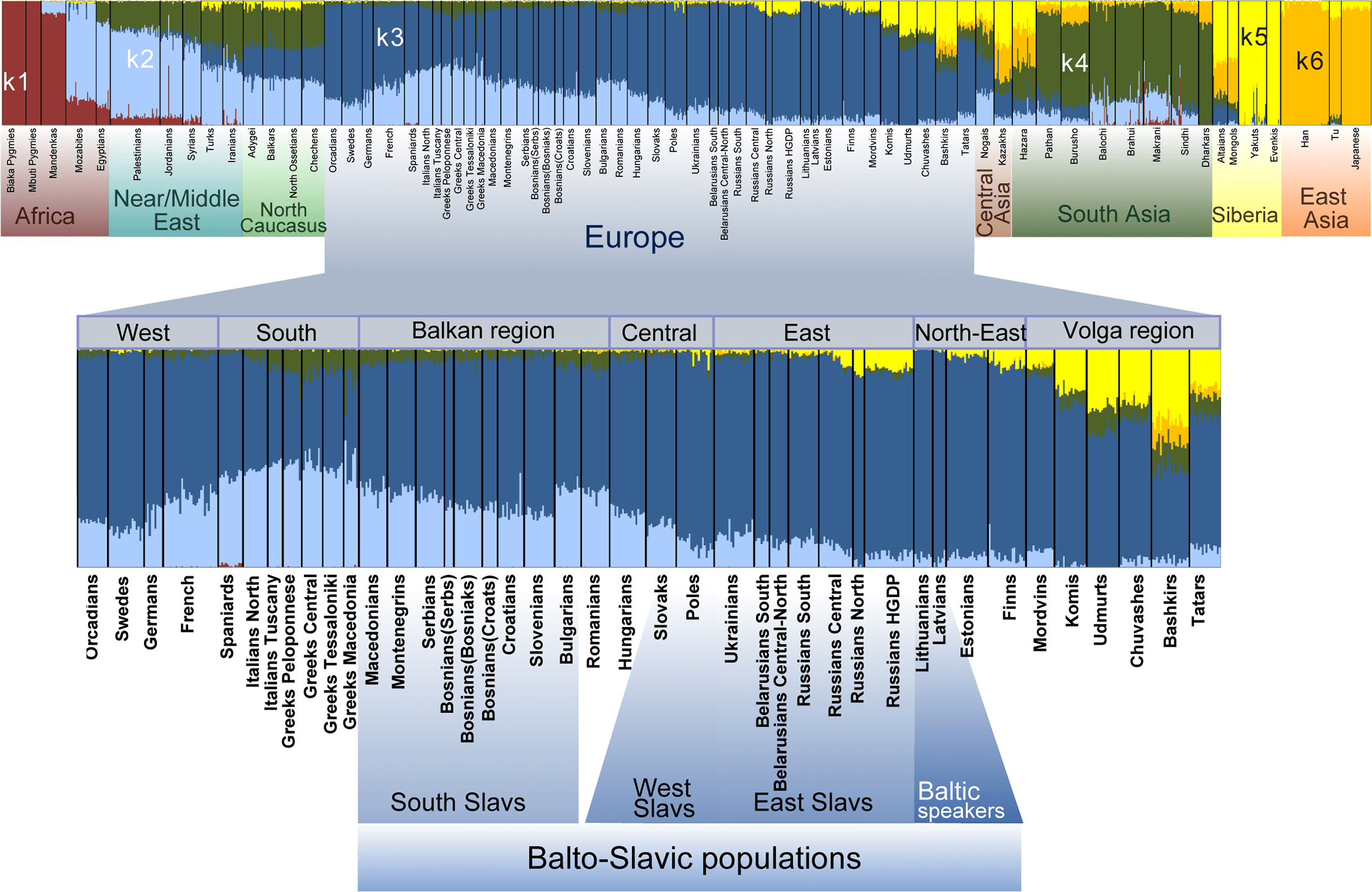 Предковый состав 1194 человек, результат программы ADMIXTURE